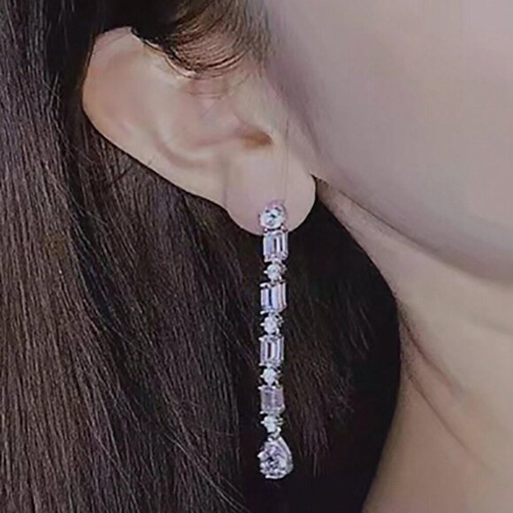 Luxury Silver Geometric Cubic Zirconia Dangle Women's Earrings - Picture 2 of 8